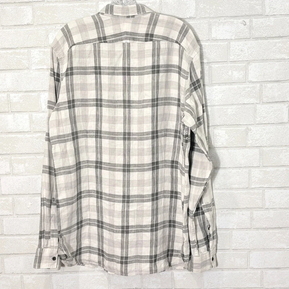 Banana Republic Men Linen Button Down Shirt Large Plaid Tailored Slim Fit Pocket